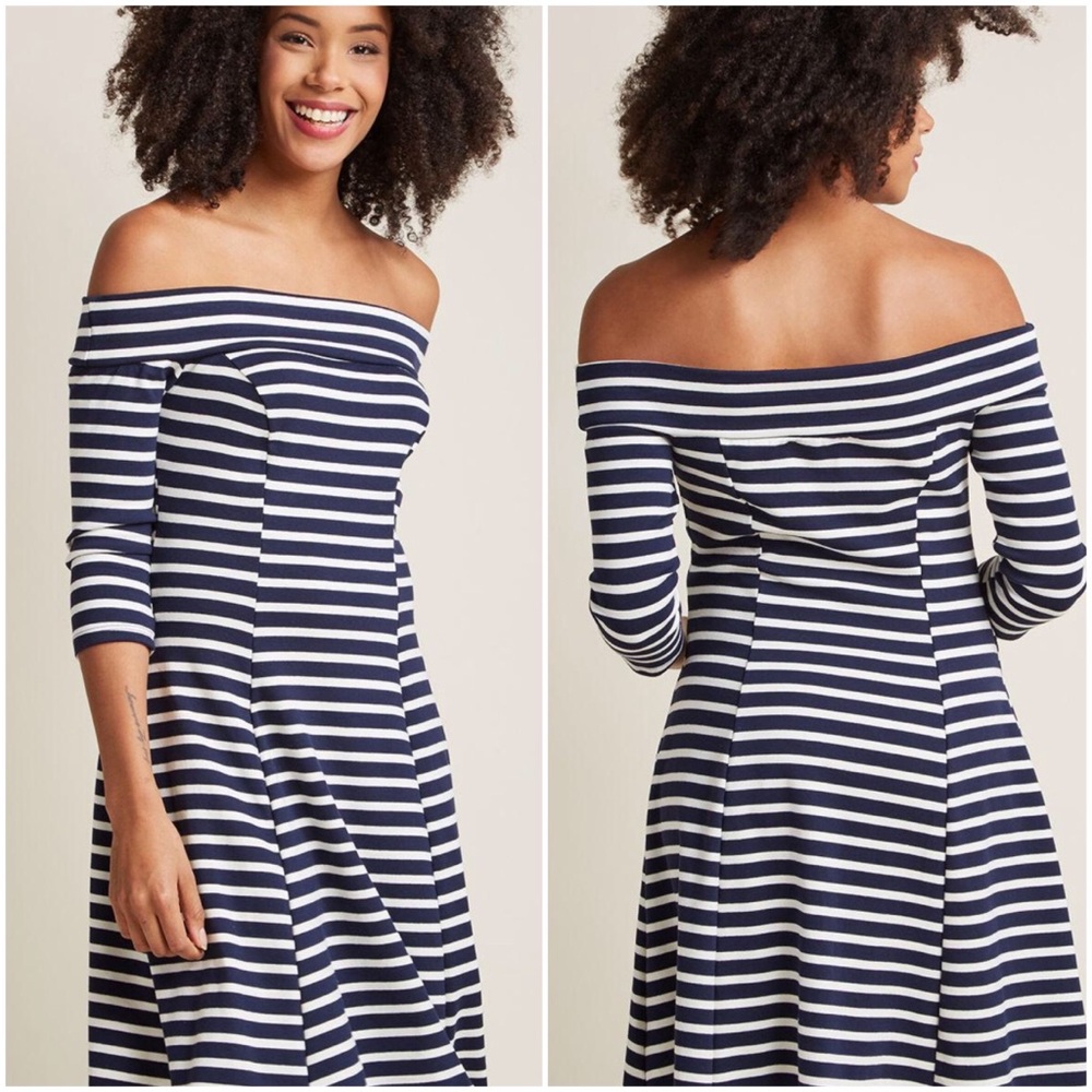 Modcloth Navy Stripes Off Shoulder Dress XS